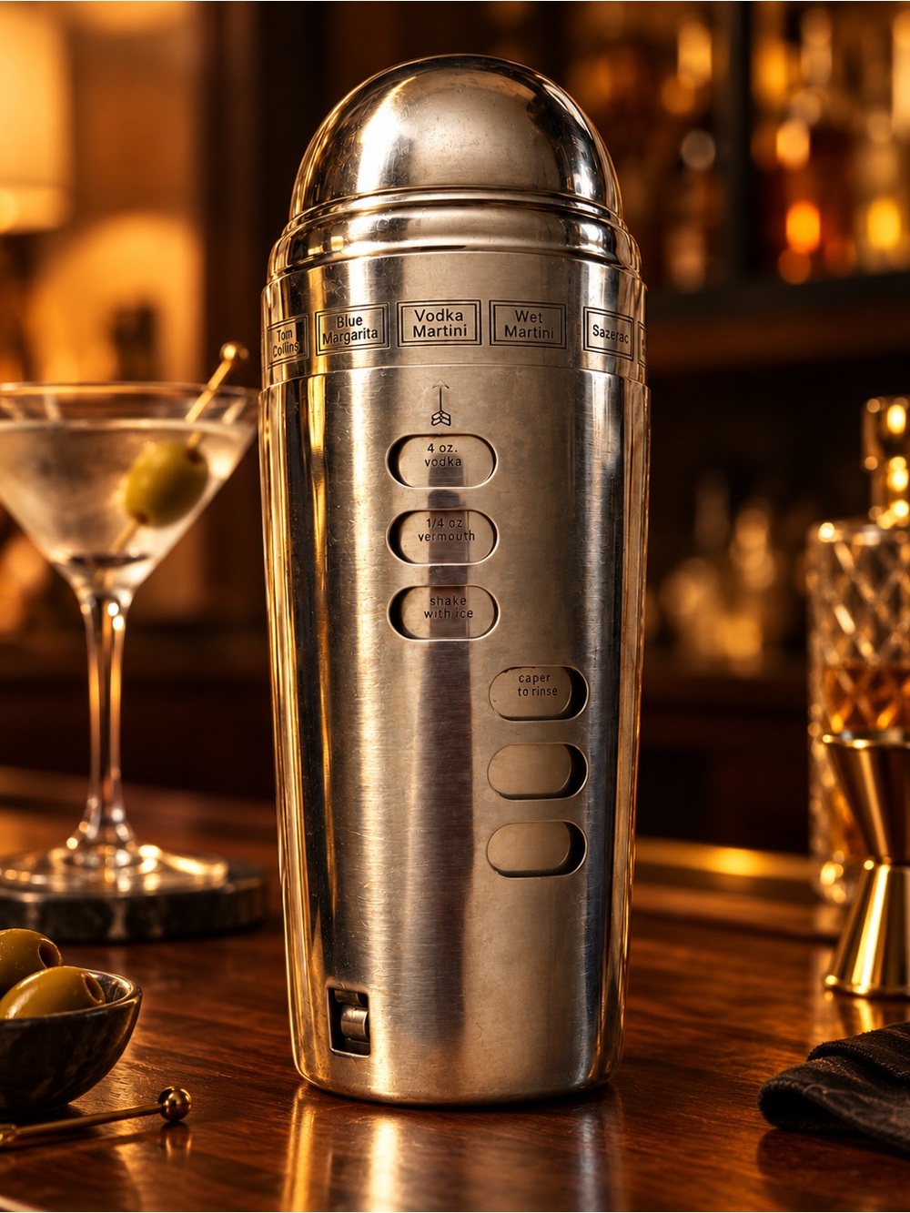 Stainless Steel Silver Cocktail Shaker with Recipe Guide
